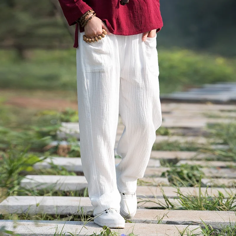 Женские брюки, Этнические Ретро Винтажные штаны, льняные однотонные Широкие штаны, свободные штаны с эластичной резинкой на талии, традиционные штаны в китайском стиле TA1668