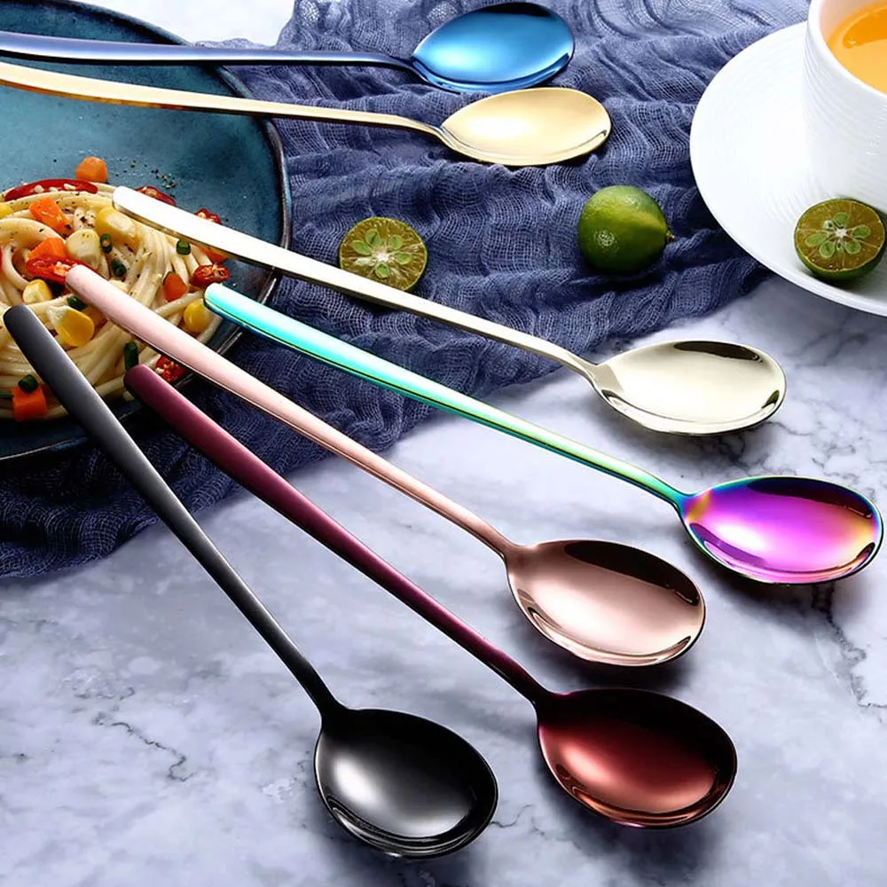 Радужная цветная ложка с длинной ручкой, вилка, совок для мороженого, ложки для чая и кофе, посуда из нержавеющей стали, столовая посуда, столовые приборы