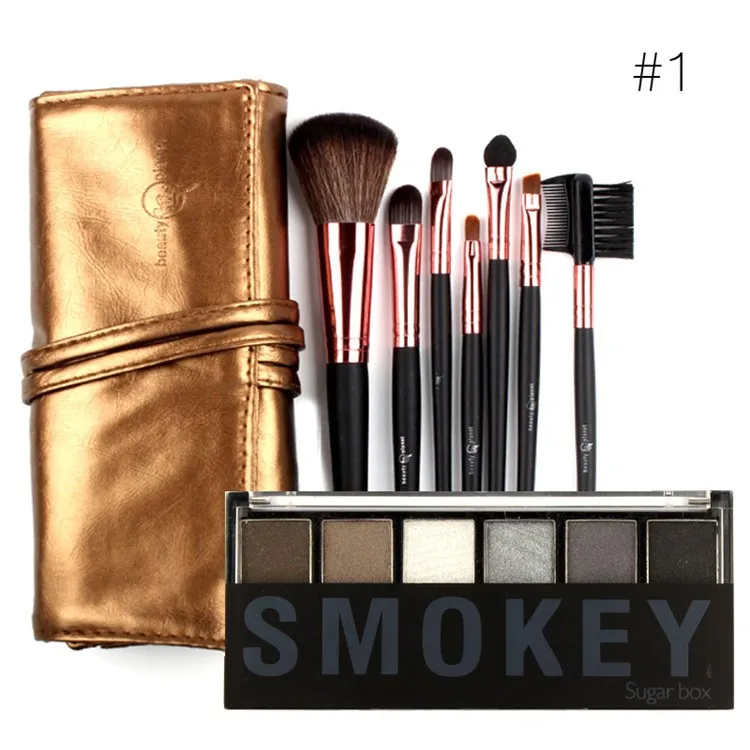 Drop-Shipping-7-Makeup-Brushes-in-Sleek-Golden-Leather-Like-Case-Portable-with-6-Colors-Eyeshadow