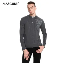 MASCUBE Хлопок Стенд воротник длинный рукав Для мужчин футболка смешно печатных черный футболка для Для мужчин Повседневное Slim Fit футболки