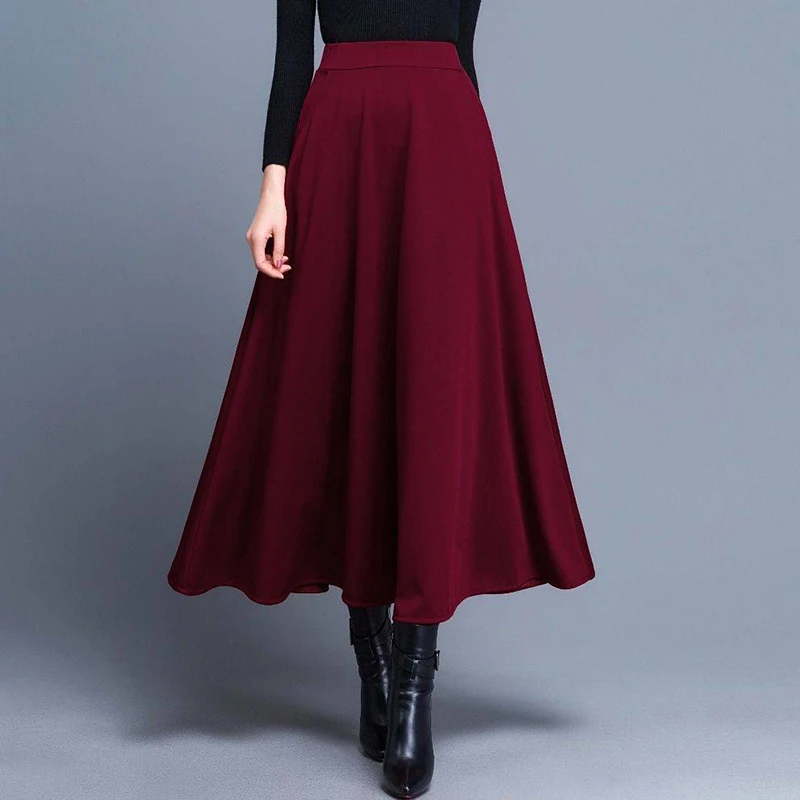 

UPPIN New High Waist Pleated Elegant Skirt Wine Red Black Solid Color Long Skirts Women Faldas Saia 5XL Plus Size Ladies Jupe