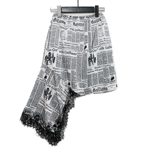 Винтаж газета Письмо печати юбки с высокой талией Асимметричные граффити Женская юбка Harajuku кружева лоскутное летняя юбка для женщин