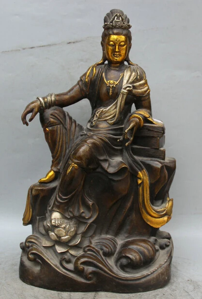 

xd 001579 18" China Bronze Gild Silver lotus flower Kwan-yin Guan Yin Boddhisattva Statue