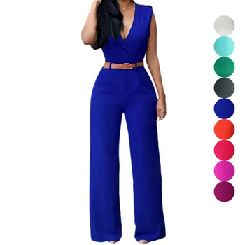 

Fashion Women Jumpsuit with Belt Sexy V Neck Solid Color Sleeveless High Waist Wide Leg Romper Ladies Jumpsuit Combinaison Femme