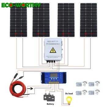 

ECOWORTHY 400W solar system: 4pcs 100W mono solar power panel & 60A controller & 4-string PV Combiner box charge for 12V battery