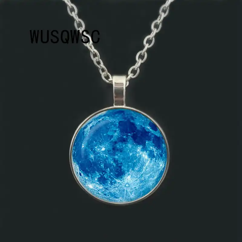 Wusqwsc 2017 New Hot Blue Moon Pendant Full Moon Necklace Glass Photo Pendant Blue Outer Space Jewelry Nebula Necklace Aliexpress