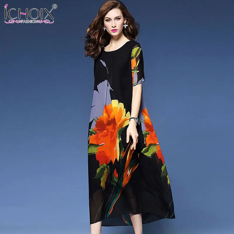 

Plus size Floral Print Vintage Women dresses Summer M-4XL Elegant Large size Long Dress Loose office Lady Party dress clothings
