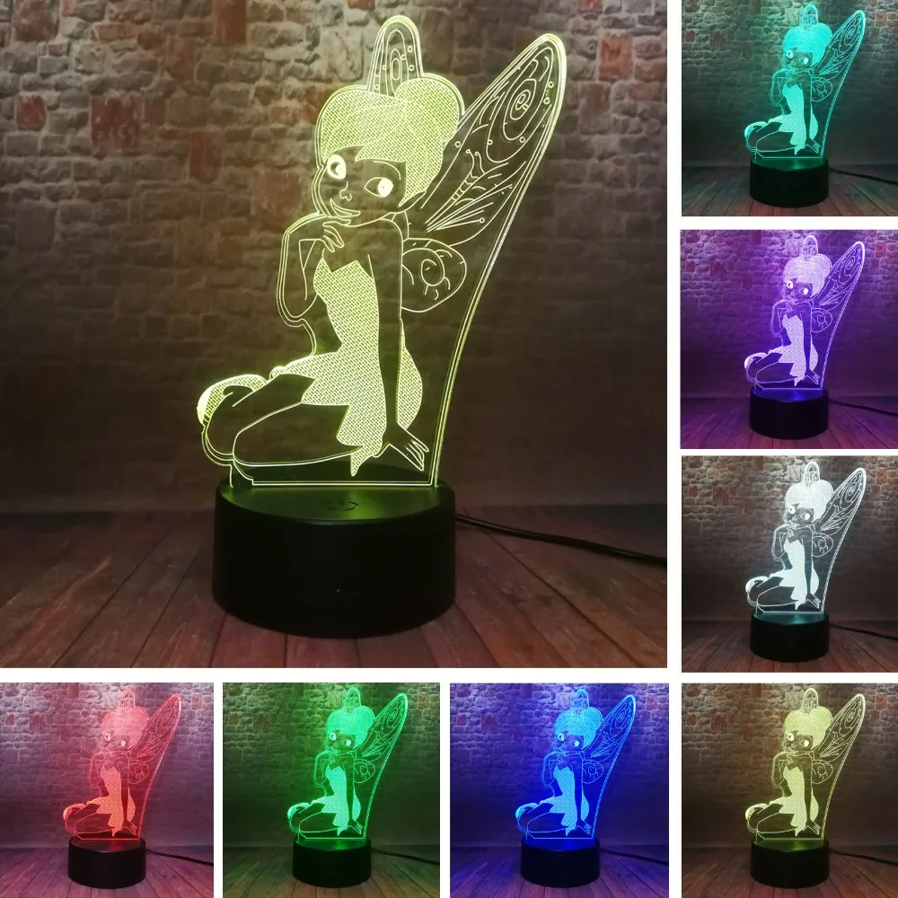 

Amroe Rare Peter Pan Fairy Elf Tinker Miss Bell 3D Snowflake Tinkerbell Princess 7 Color Change Girls Sleeping Night Light Decor