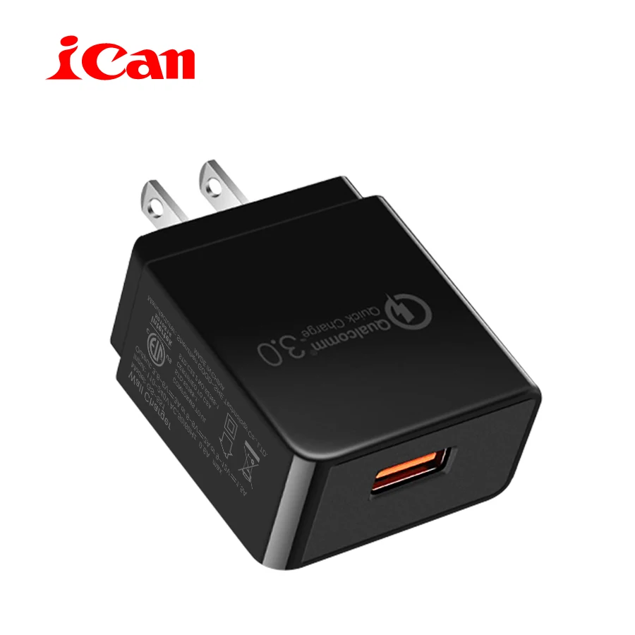 

iCan Universal US Plug Quick Charge QC3.0 18W Fast Mobile Phone USB Charger(QC 2.0 Compatible)Adapter for Samsung Huawei Xiaomi