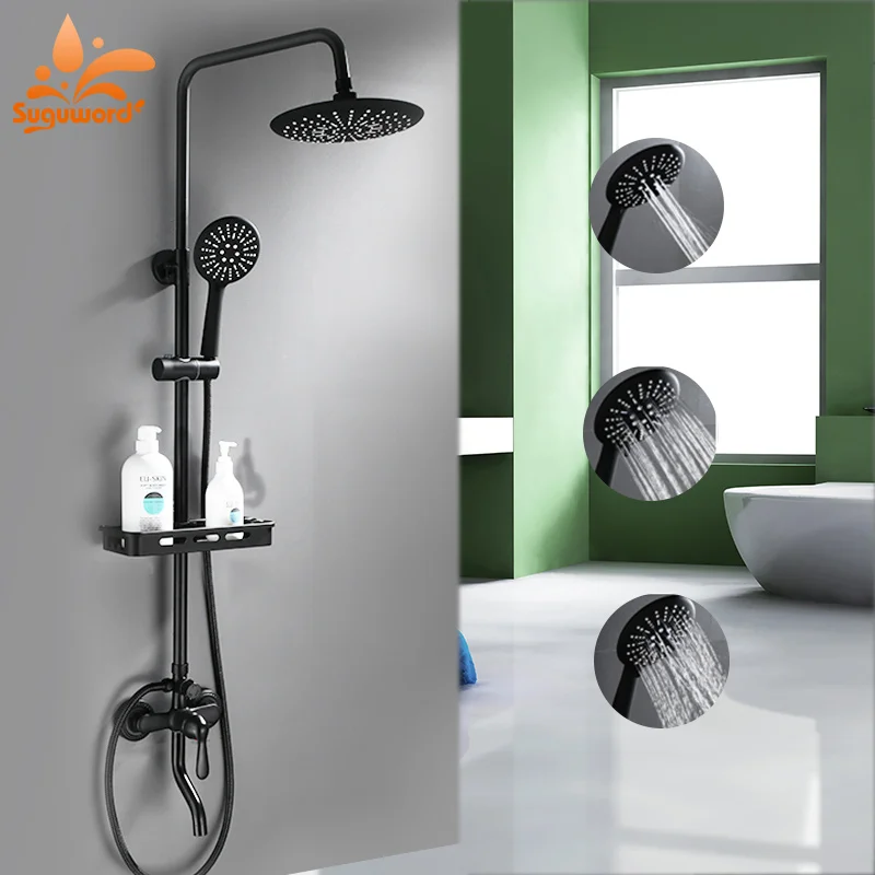 Suguword Black Shower Combo Set Hot and Cold Switch System Mixer Tap ABS Head Hand | Обустройство дома