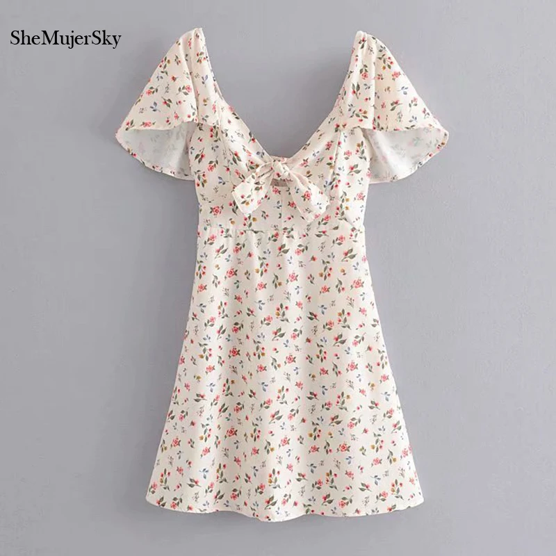 

SheMujerSky Summer Floral Print Mini Women Dress Elastic Backless Short Sleeve Dress vestidos verano 2019
