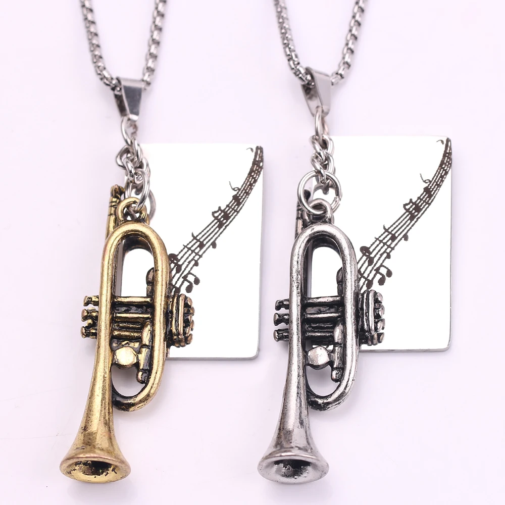 

Fashion music symbol jewelry trumpet metal piece custom engrave pendant necklaces for men women charm souvenir gift for teenager