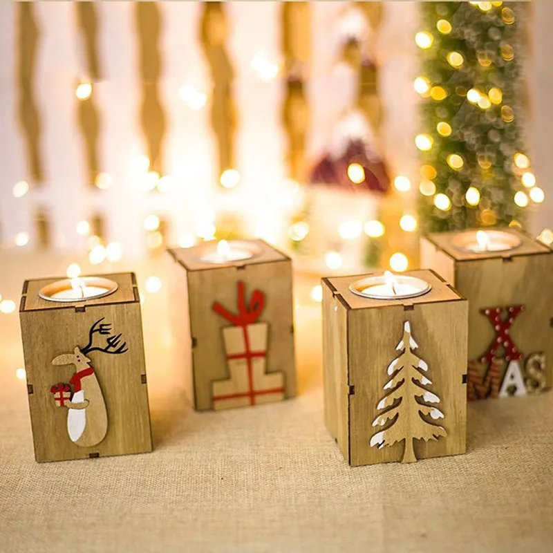 

Christmas Wood Candlesticks Candle Holder Table Lamp for Tea Light Decorations