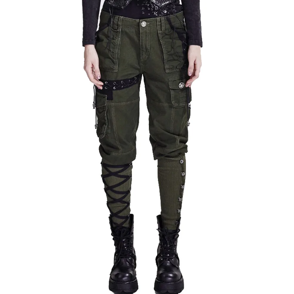 Noir Jambes Multiples Pantalon Hiver Travail De Roche Lacets Militaire Le Lin Vêtements En Punk Vrac Larges Femmes Style Casual À Capri Poches U5qwFfx