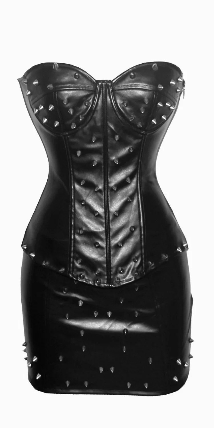 

Lady Sexy Leather Corset Dress Womens Steampunk Faux Leather Spiked Pad Push up Corset Set with Skirt