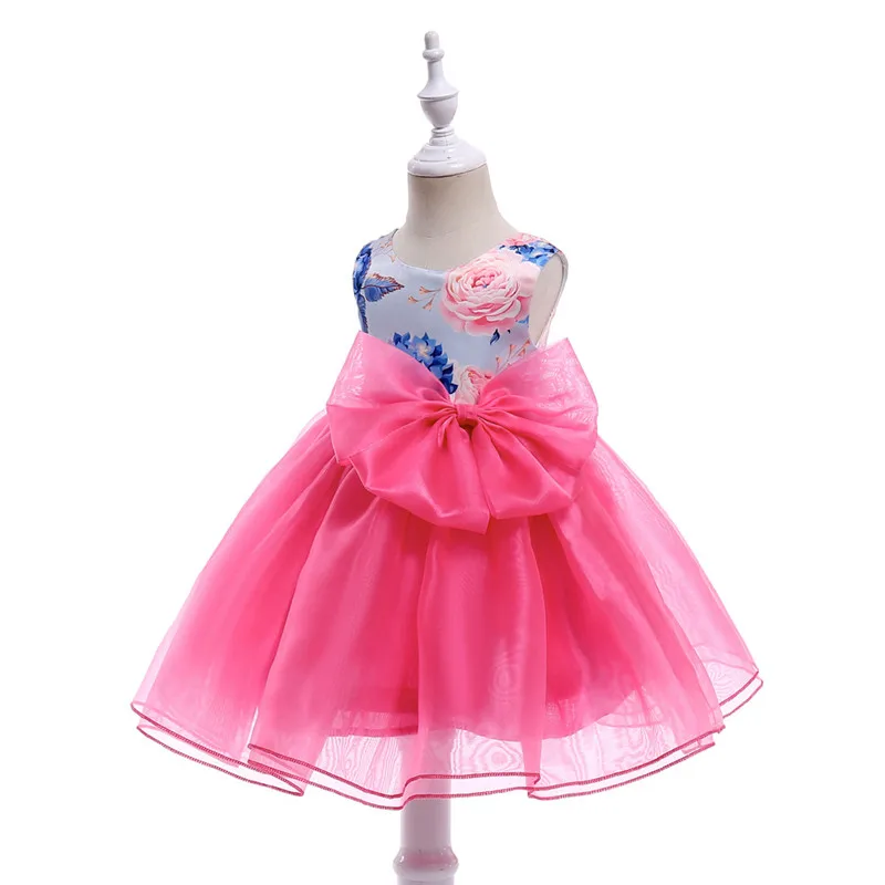 2018 New Girl Printed Dress Big Red Flower Bowknot Girl Kids Organza Pettiskirt Princess Dress Child Clothes02