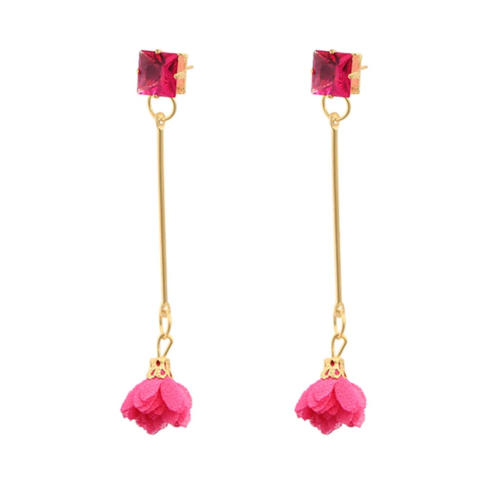 Cloth Flower Earring Long Simple Design Tassel Cute Drop Earring for Girl Red/Pink/Brown/Grey