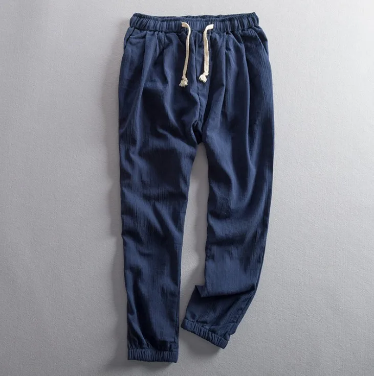 Большие размеры, хлопковые льняные брюки для мужчин, модные однотонные штаны с эластичной резинкой на талии, летние тонкие дышащие Джоггеры для мужчин, S-4XL, Ds50734 - Цвет: dark blue