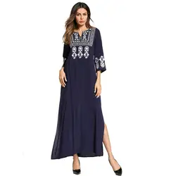 Винтаж Стиль Элегантное Длинное темно-синее мусульманских женское платье вышитые этнические платье с квадратным вырезом Разделение