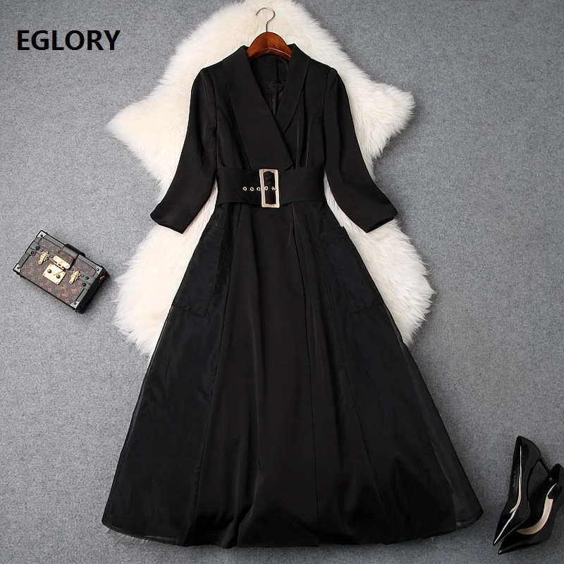 

Top Grade New Fashion Office Dress 2019 Spring Summer Business Women's Dress Notched Collar Wide Belt Patchwork Black Dress OL