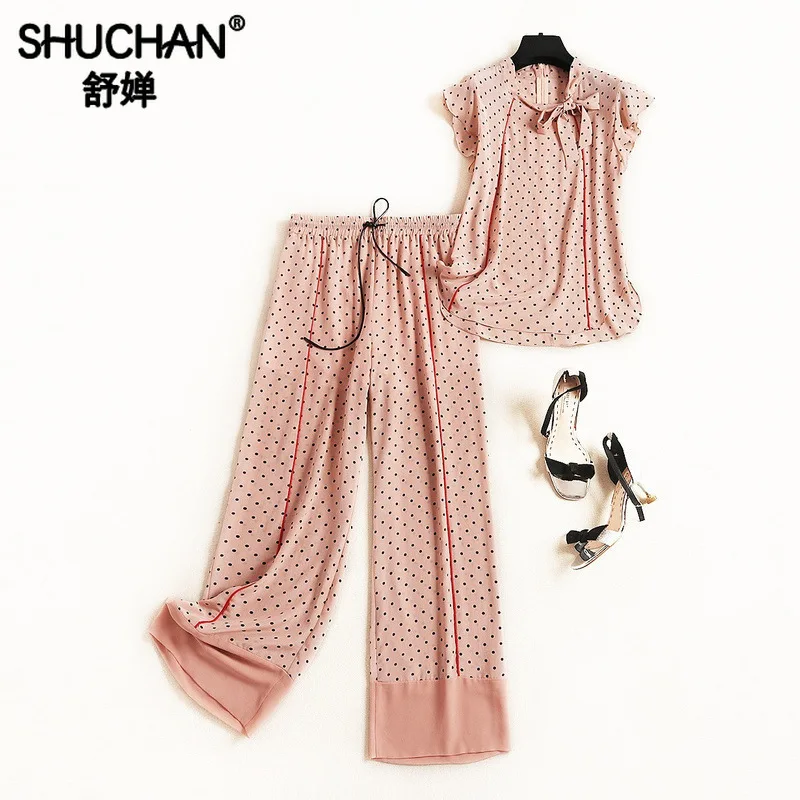 

Shuchan Natural Silk Women 2 Piece Set Polka Dot Tank with Ruffles +pants Office Lady 2 Piece Sets Womens Outfits Summer 11735