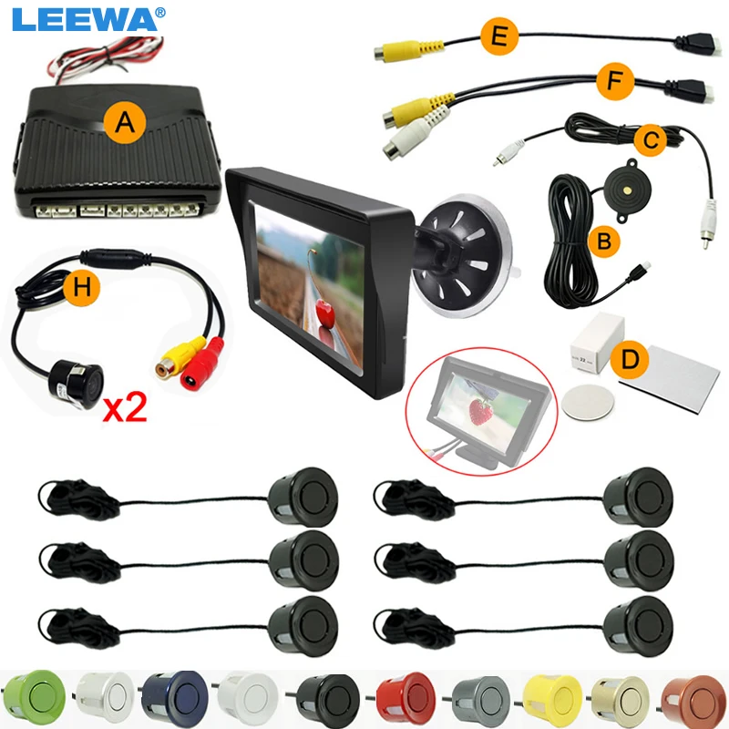 

LEEWA Car 4.3" Windshield Monitor 6-Sensor Parking Sensor 2x CCD Camera Dual Video Rearview Parking System #CA1989
