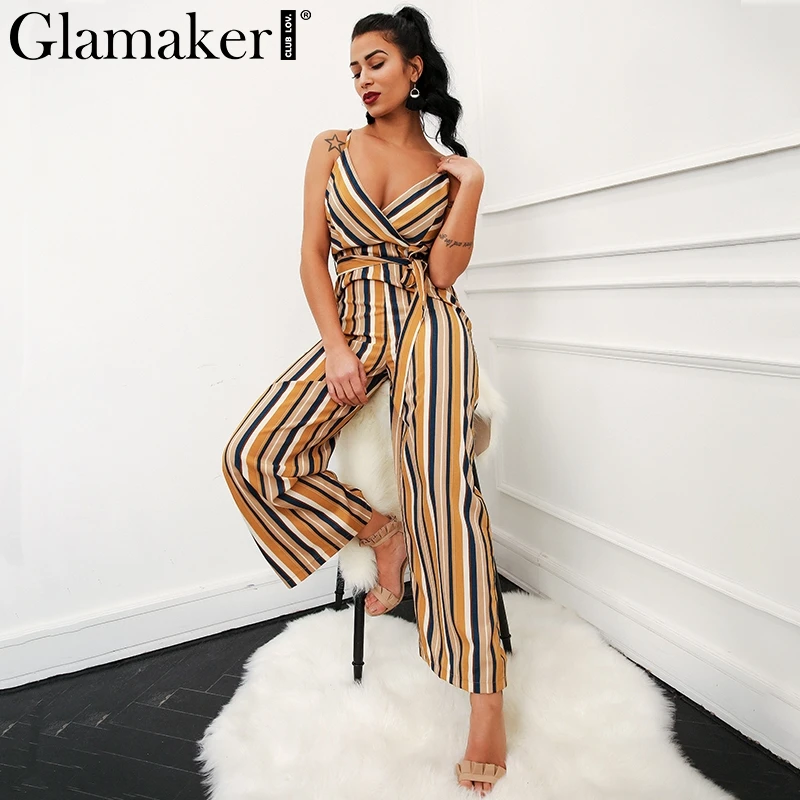 Glamaker Sexy multi striped wrap high waist jumpsuit romper Women loose belt long summer playsuit Female strap overalls|jumpsuits rompers
