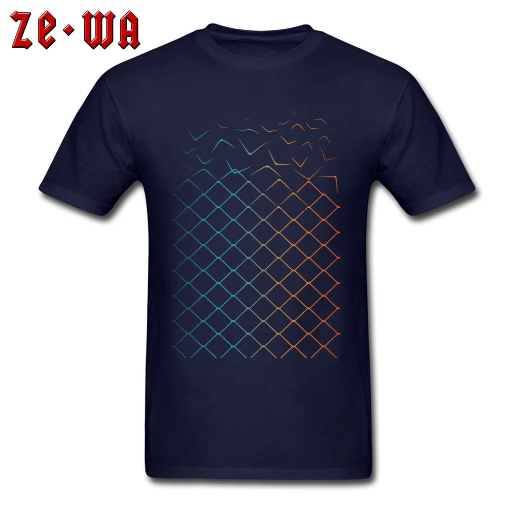 Birthday Street Men T Shirts Cheap Summer/Autumn Short Sleeve Crewneck 100% Cotton Fabric Tops & Tees Custom T-Shirt Colored geometric fence transforming to birds navy