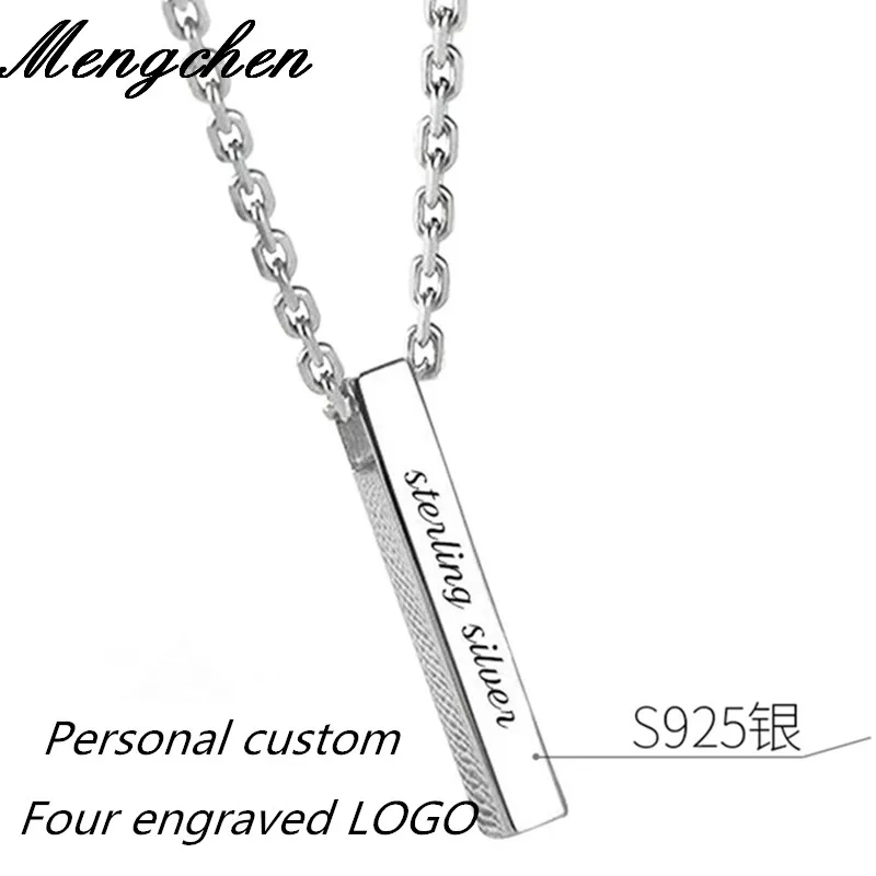 

S925 Solid Silver Four Sides Engraving Personalized Square Bar Custom Name Necklace Stainless Steel Pendant Necklace Women Gifts