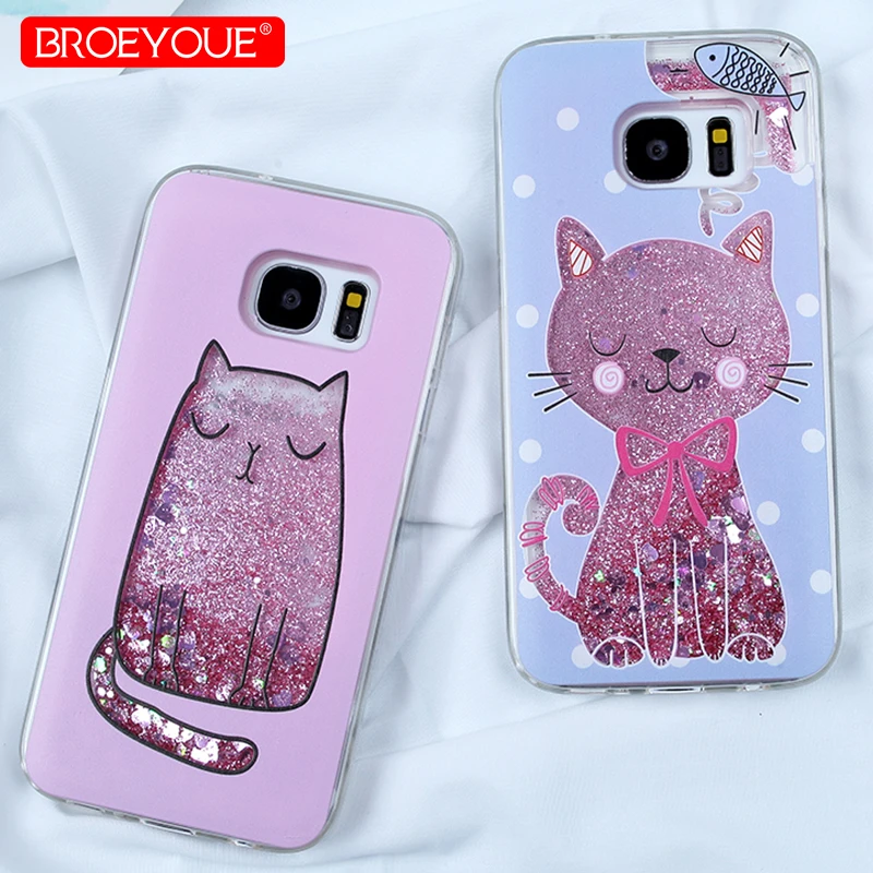 

BROEYOUE Liquid Case For Samsung Galaxy A5 A7 A8 Plus 2018 Soft TPU Silicone Transparent Quicksand Glitter Cute Cat Shining Case