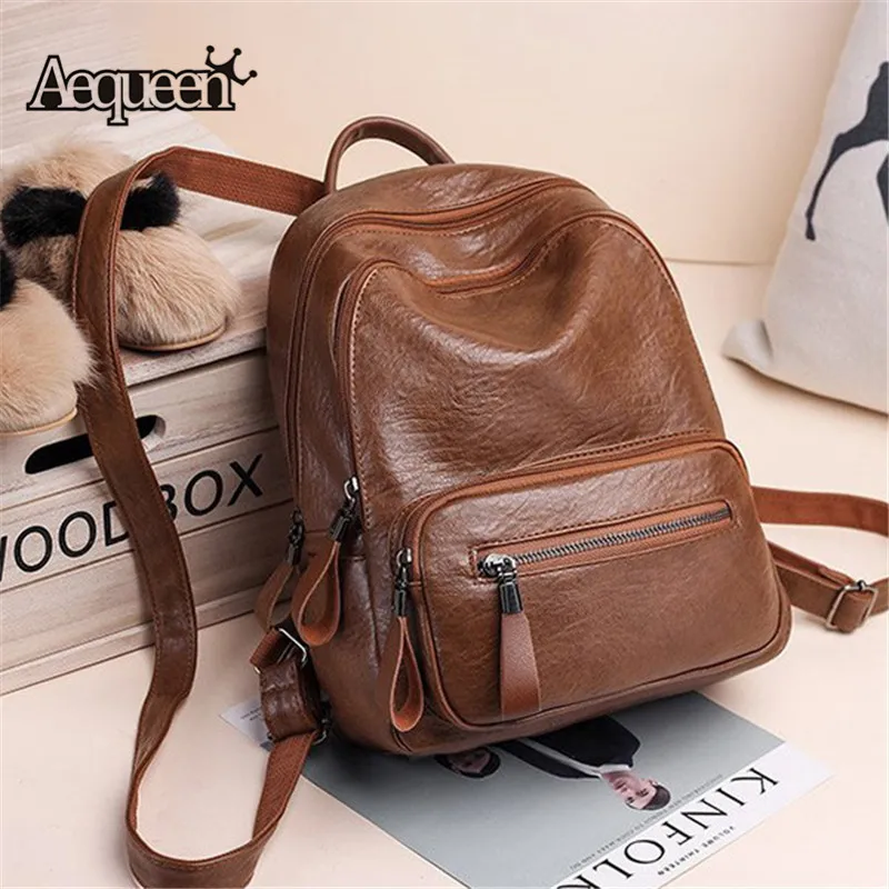 

AEQUEEN Feminine Brown Backpack Female PU Leather Shoulder School Bags For Women Girls Students Vintage Rucksack Bagpack Mochila