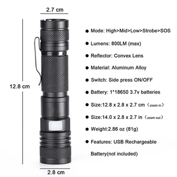 

Micro USB Charging Indicator Adjustable Focus Aluminum Alloy LED Flashlight torch Rechargeable Zoom torch floodlight Battery 5.6