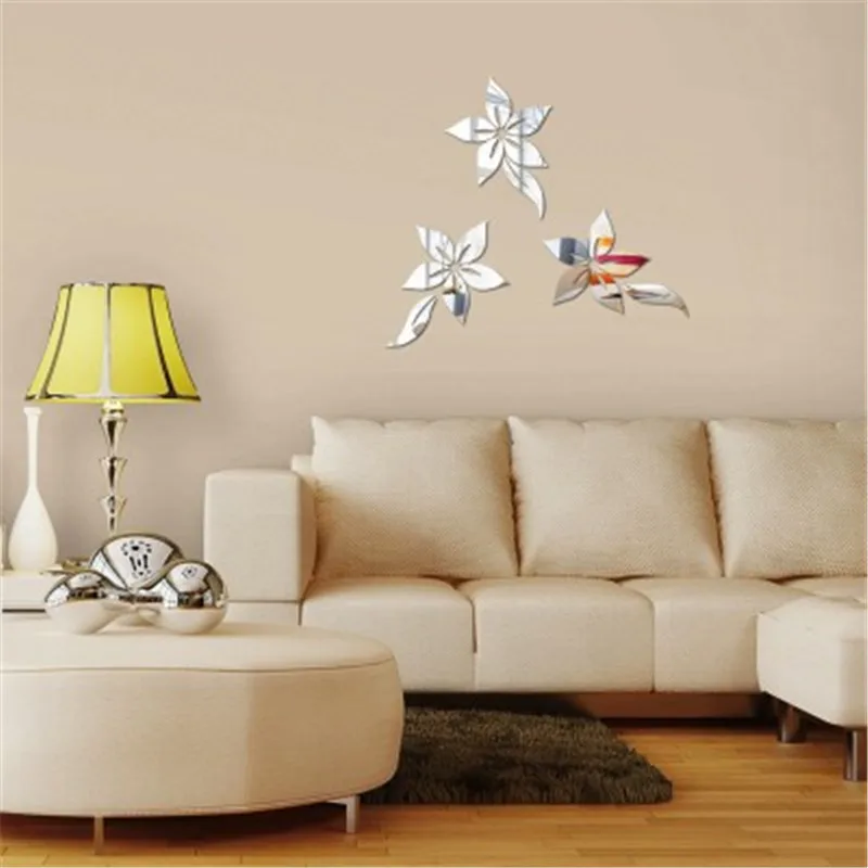 3D Flower Shape Mirror Wall Stickers Bedroom Decorations Acrylic Mirrored Decorative Sticker