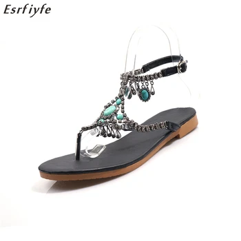 

ESRFIYFE Woman Large Size 34-50 Sandals Women Shoes Rhinestones Chains Thong Gladiator Flat Sandals String Bead Party Shoes