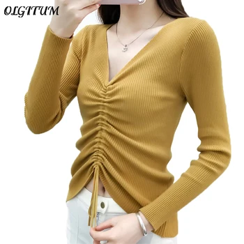 

Sexy Lace up V Neck Knitted Sweater Women Fashion Autumn/Winter Pullover Casual Wild Drawstring Design Female Knit Sweater Tops