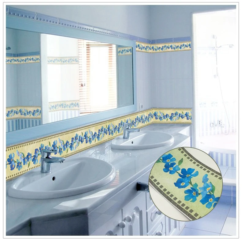 Классический синий цветок обои границы зеркало декор для плитки наклейки на уровне талии Водонепроницаемый Ванная Кухня Декор стикер EZ069