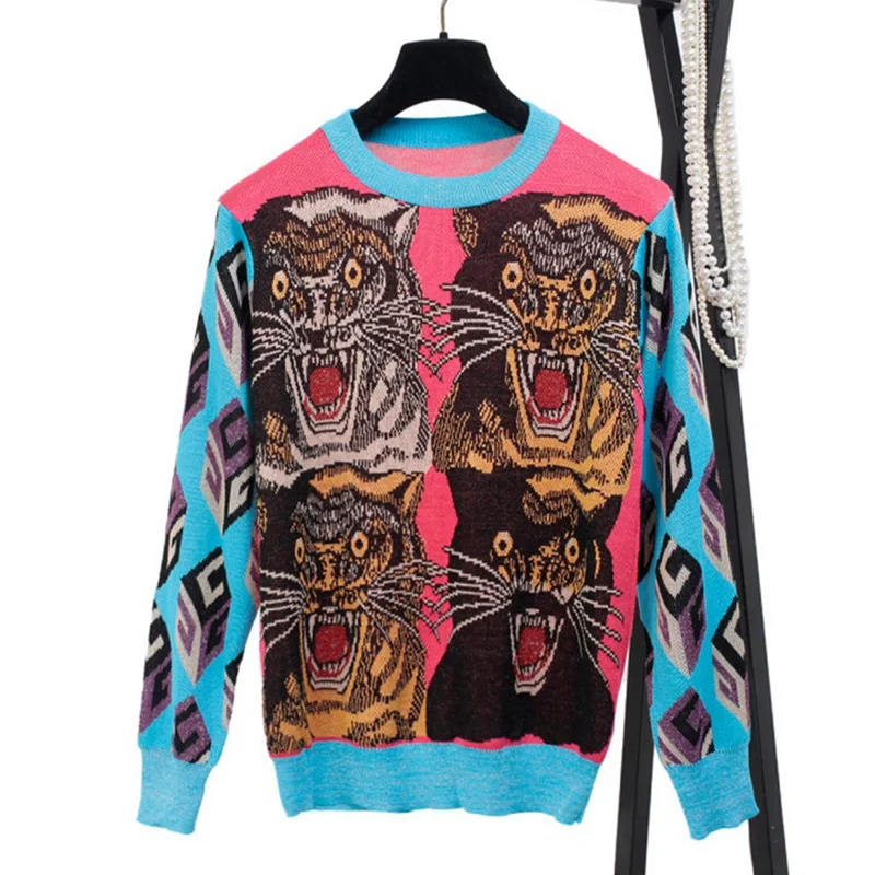 Chic Runway Wool Sweater 4 Leopard Jacquard Geometric Patchwork Winter Tops Knit Pullover Novelty Women New Designer Jumper | Женская