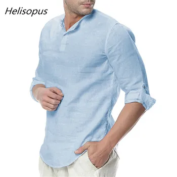 

Helisopus Men Casual Long Sleeve Shirt Rolled Up Sleeves 2020 Spring Summer White Tops Shirts