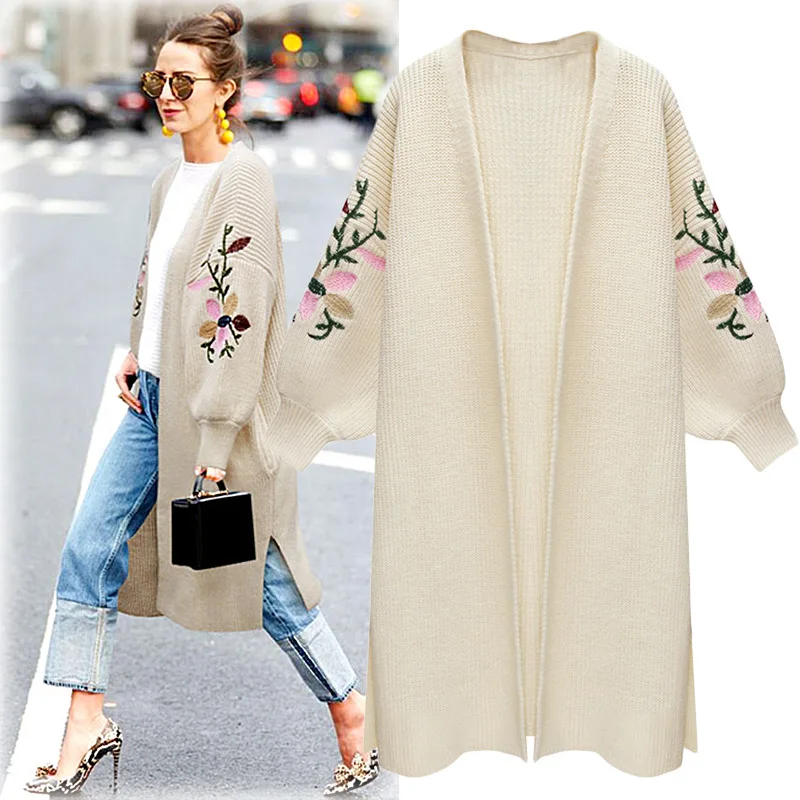 

Vogue Long Sleeve Sweaters Women Coat Nice Fashion Autumn Winter Floral Embroidery Long Knitted Cardigans Casual Outwear Tops
