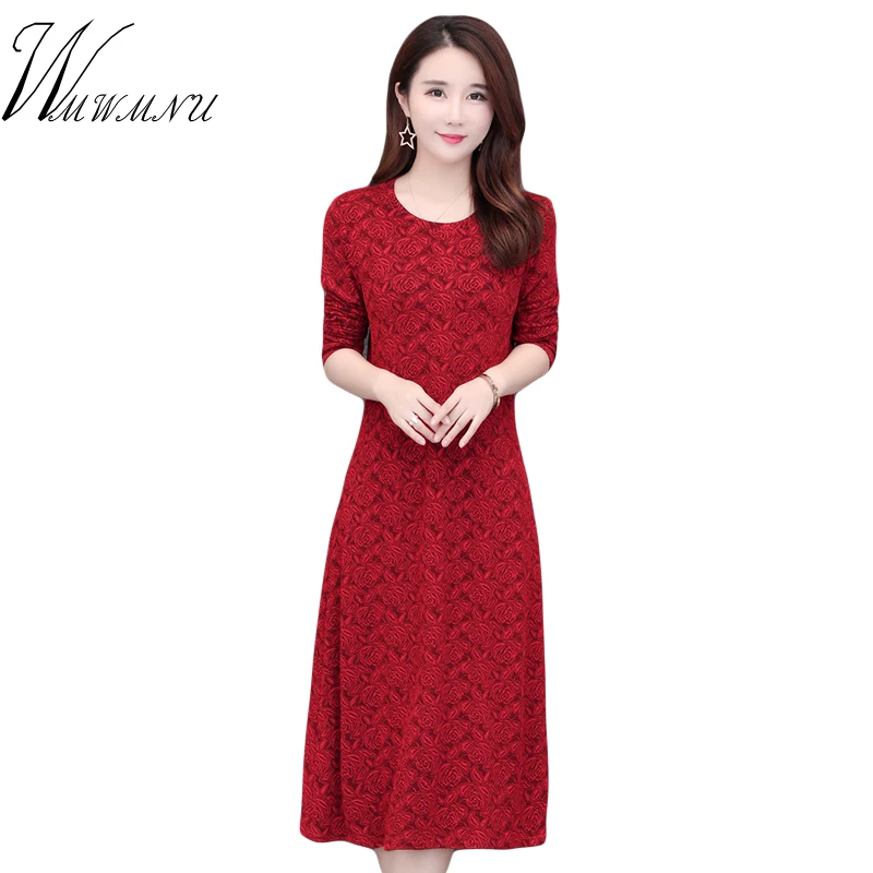 

New Autumn Winter Long Sleeve Dress Hot Sale O-Neck Ladies Office Work Casual Dress High Quality Elastic Big Size 5XL Mom Dress
