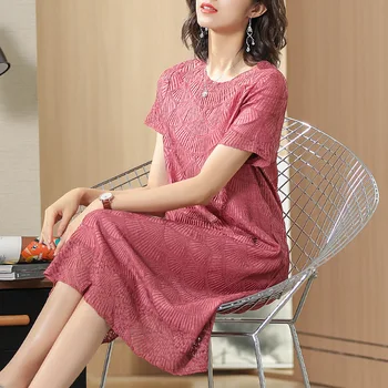 

New Plus Size Summer Women Vintage Elegant Female Loose Dress Middle-aged Fashion Short Sleeve Dress