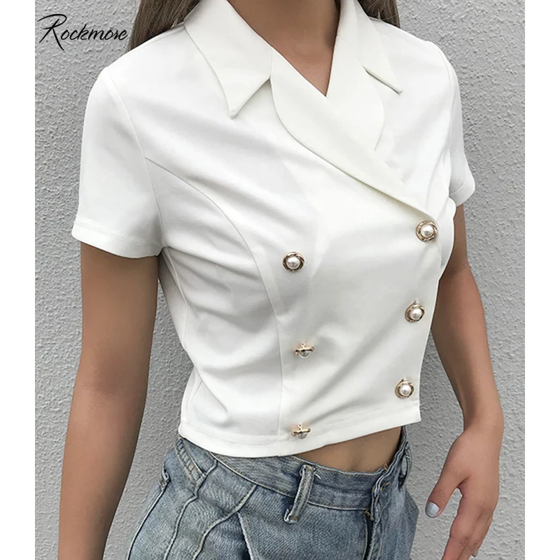 

Rockmore White Turn-down Collar Blouses Women 2019 Summer Button Ladies Elegant Fitted Waist Shirt Femme Tops Office Streetwear