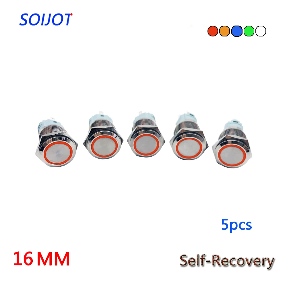 

5PCS 16MM Self-Recovery Flat Head Round Sign LED 3V~220V Metal Button Switch Instantaneous Button Automatic Reset Waterproof
