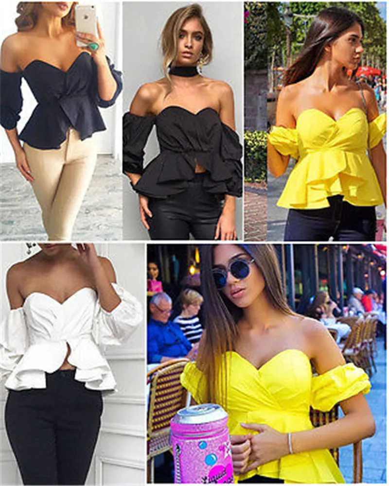Fashion Women Off Shoulder Puff Sleeve Ruffle V-neck Peplum Crop Tops Summer Loose Strapless Casual Solid Color Shirts Blouse Fashion Women Off Shoulder Puff Sleeve Ruffle V-neck Peplum Crop Tops Summer Loose Strapless Casual Solid Color Shirts Blouse
