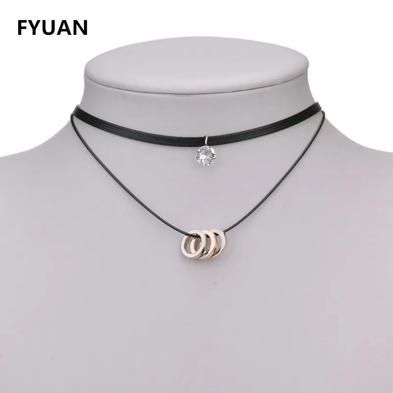 

New Black Leather Chain Double Choker Necklaces Crystal Star Geometric Pendant Necklaces Party Chocker Women Girl Gift Collier