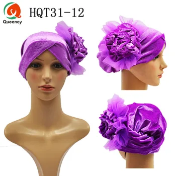 

HQT31 Nigeria headtie with 3D flower Mutil-Color Velvet Tuban Cap Head Wrapper ready-made Caps gele