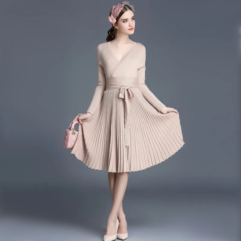 dámské šaty elastický pas bavlněné šaty 2018 v-výstřih elegantní pletené šaty šněrovací šaty s dlouhým rukávem femme hiver midi dresses