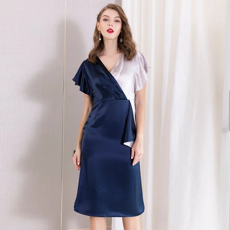 

Blue Midi Stain Acetate Dress Sexy V Neck High Waist Warp Dresses Soft Ruffles Sleeve Office Ladies Work Clothes Luxury sukienka