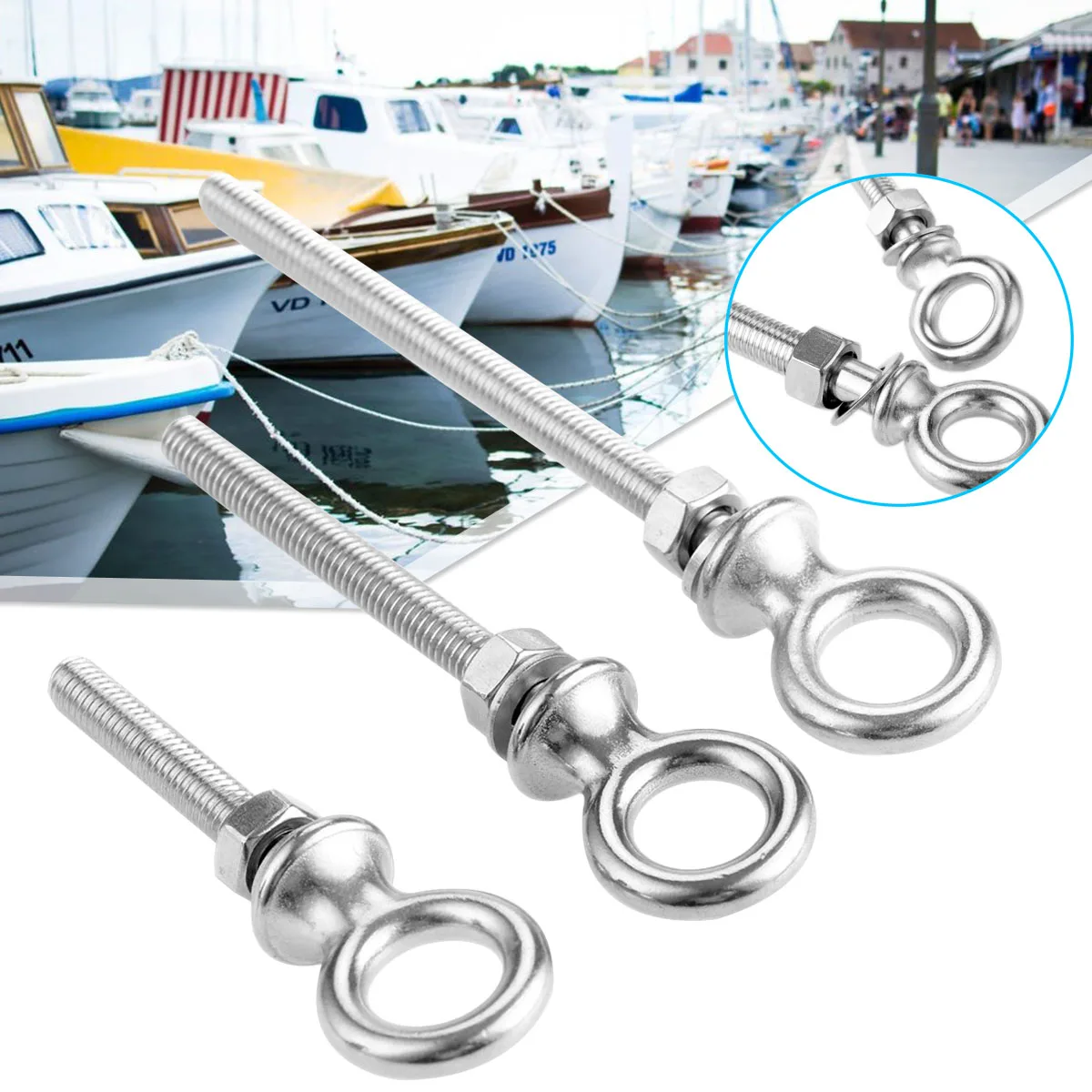

Stainless Steel Boat Yacht Marine Grade Eye Bolts Screw Thread 60/80/100mm Nuts High Strength Durable Good Hardness Accessories