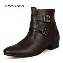 Plardin/Новый модные, с ремешком с пряжкой, зимние рыцарские сапоги Для мужчин украшения из металла острый носок обувь на квадратном каблуке сапоги на подъеме